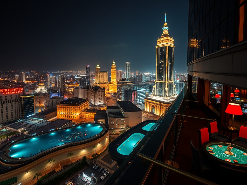 “Luxury casino hotel hero scene at night, panoramic old-town skyline and modern tower lights, glowing gaming tables, elegant suite window view, rooftop pool reflections, upscale ambience”