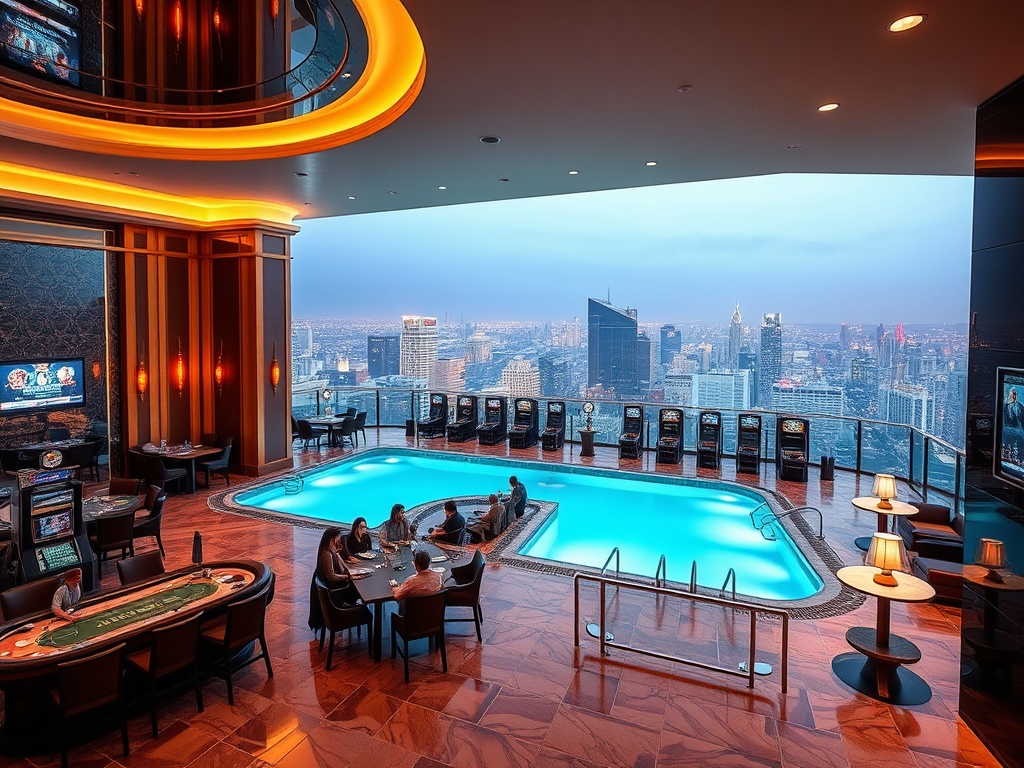 "luxury casino hotel interior blending warm brass lighting with sleek marble; elegant suite view beyond; gaming tables, cocktails, gourmet dining; rooftop pool glow; spa sauna steam; night city skyline."