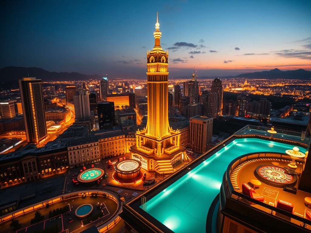 “Luxury casino hotel hero scene at night, panoramic old-town skyline and modern tower lights, glowing gaming tables, elegant suite window view, rooftop pool reflections, upscale ambience”