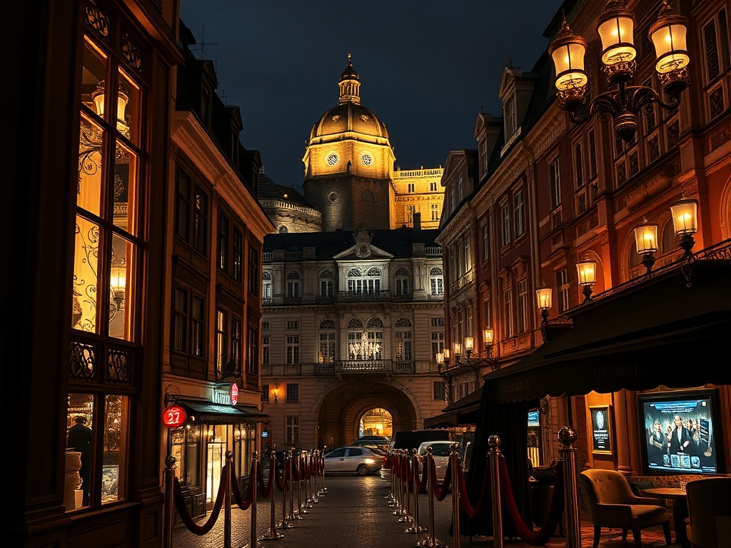 Prague at night, illuminated historic facades, elegant Bohemian luxury suite window, glamorous casino lounge glow, velvet ropes, warm champagne tones, inviting atmosphere.