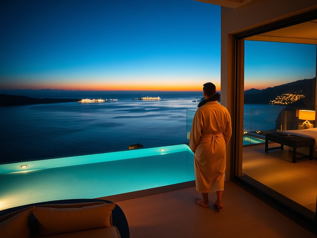 "luxury Aegean sea-view suite at night with warm Mediterranean interiors, balcony glow, distant casino lights, glamorous couple in silk robes, infinity pool reflection, sea-view spa mist". "You MUST not include ANY brand images or logos. You may ONLY repl