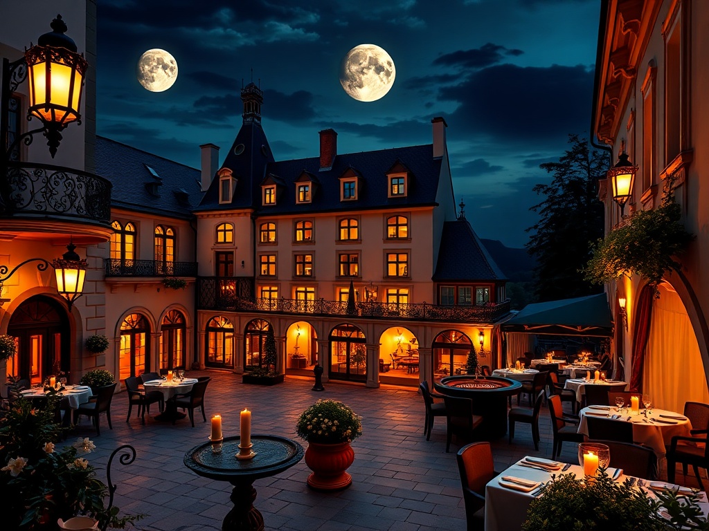 “moonlit Czech castle hotel courtyard” “golden casino lantern glow” “elegant suites balcony” “roulette table silhouette” “fine dining candlelit terrace” “spa steam sanctuary” “bohemian music mood” “velvet robes” “no logos