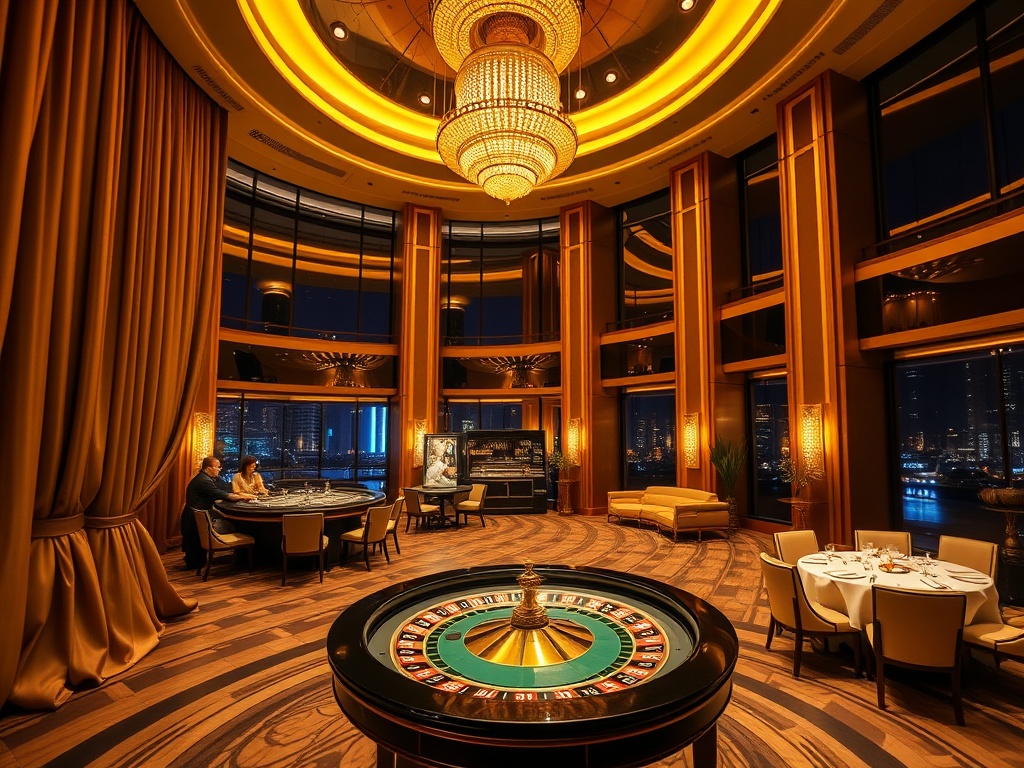 "luxury casino hotel atrium with golden lighting" "elegant roulette table glow" "silk curtains" "chef-plated Polish cuisine" "spa sauna steam" "night skyline view"