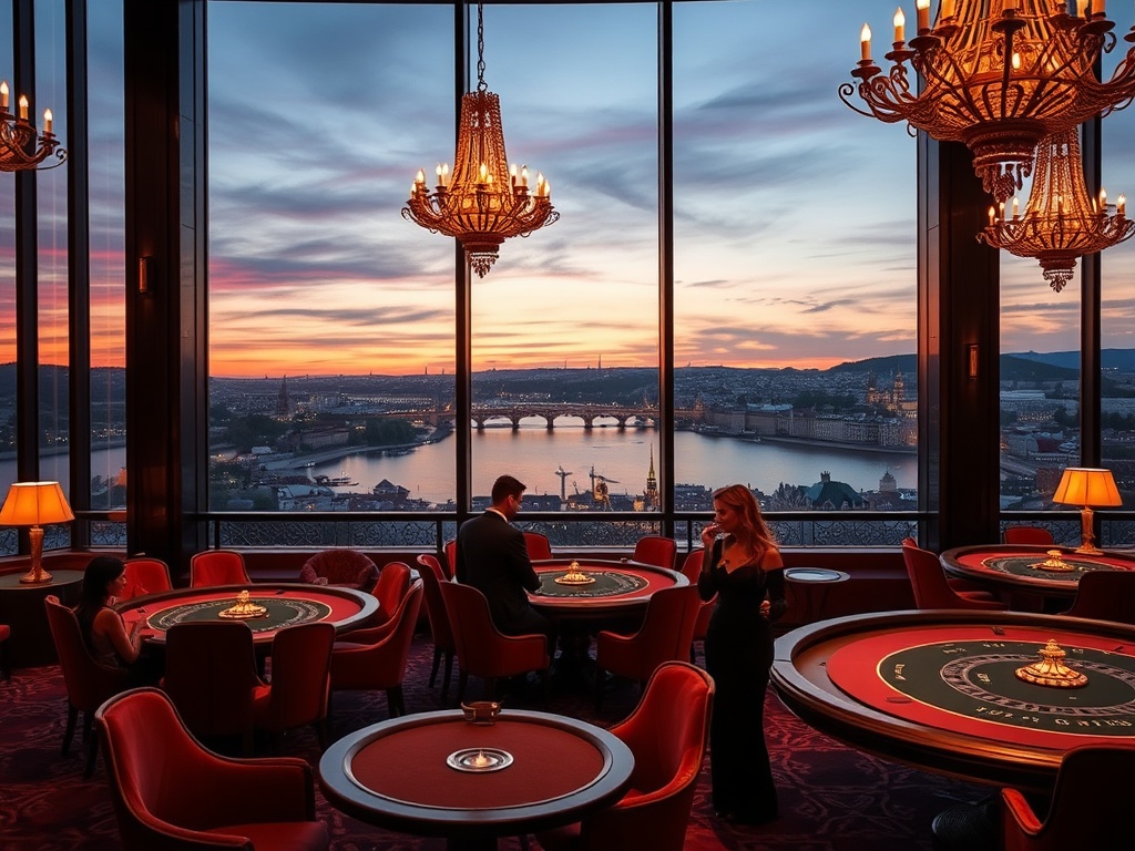 "Luxurious casino hotel lounge at dusk, Prague skyline and Vltava River through tall windows, gilded chandeliers, velvet gaming tables, soft croupier lights, elegant couples"