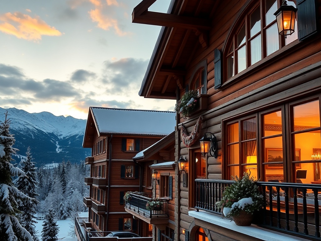 "sunlit alpine chalet-style hotel facade with warm lantern glow, panoramic snow-capped mountains beyond, elegant window reflections, luxurious suite balcony, inviting atmosphere"