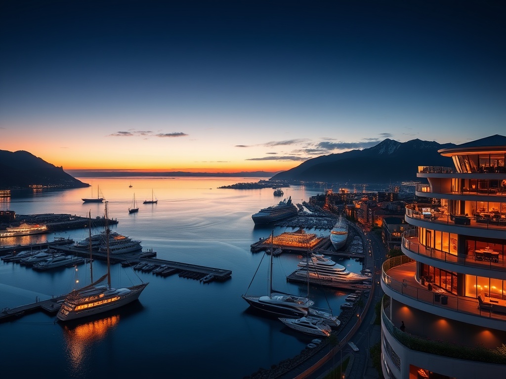 Panoramic Norway harbor at dusk, modern luxury hotel with floor-to-ceiling suite lights, elegant casino glow, rooftop cocktails ambiance, ocean blue dark slate silver warm gold.