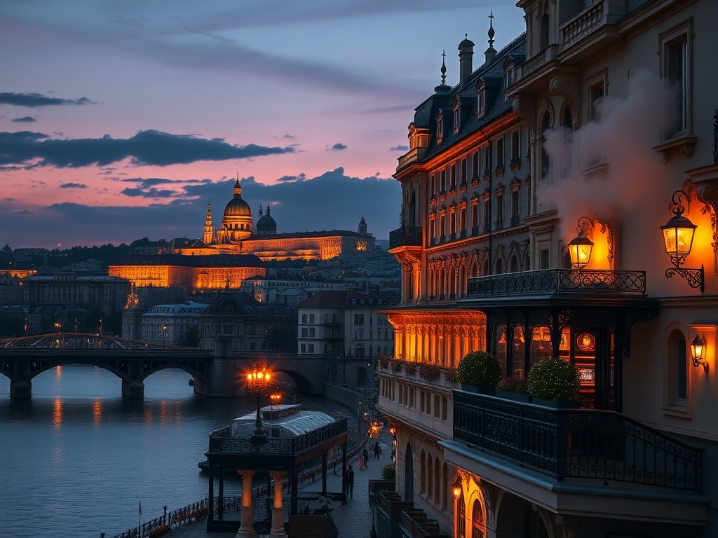 "Twilight Prague skyline beside the Vltava River, elegant Bohemian hotel facade, glowing gaming salon lights, elegant suite balcony, subtle steam from spa, luxurious atmosphere, cinematic lighting, ultra-detailed."