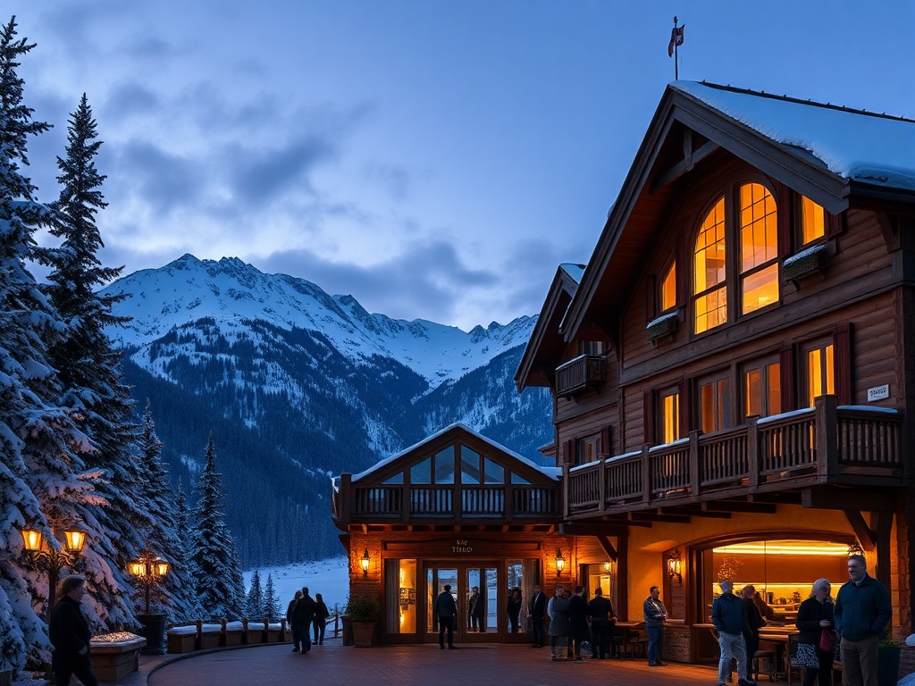"A luxury chalet-style mountain hotel entrance at dusk, warm lights, panoramic snowy peaks, elegant casino lounge glow, diverse guests, global travel atmosphere."