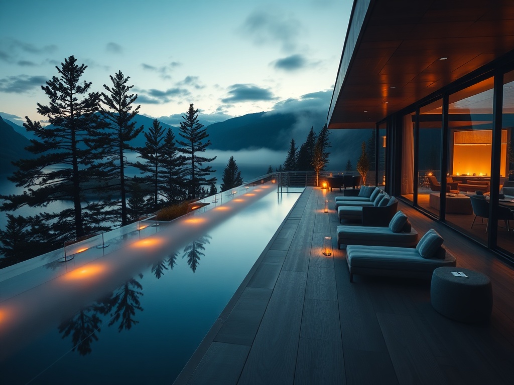 Panoramic fjordside luxury hotel terrace at dusk, deep navy interiors visible through glass, pine trees, brushed gold lights, inviting luxury lounge, cinematic lighting, soft mist, elegant floating booking card shapes.