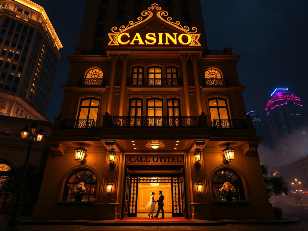 Elegant historic casino hotel facade at night, warm golden lights, modern skyline glow behind, couple arriving, velvet doors, spa mist nearby.