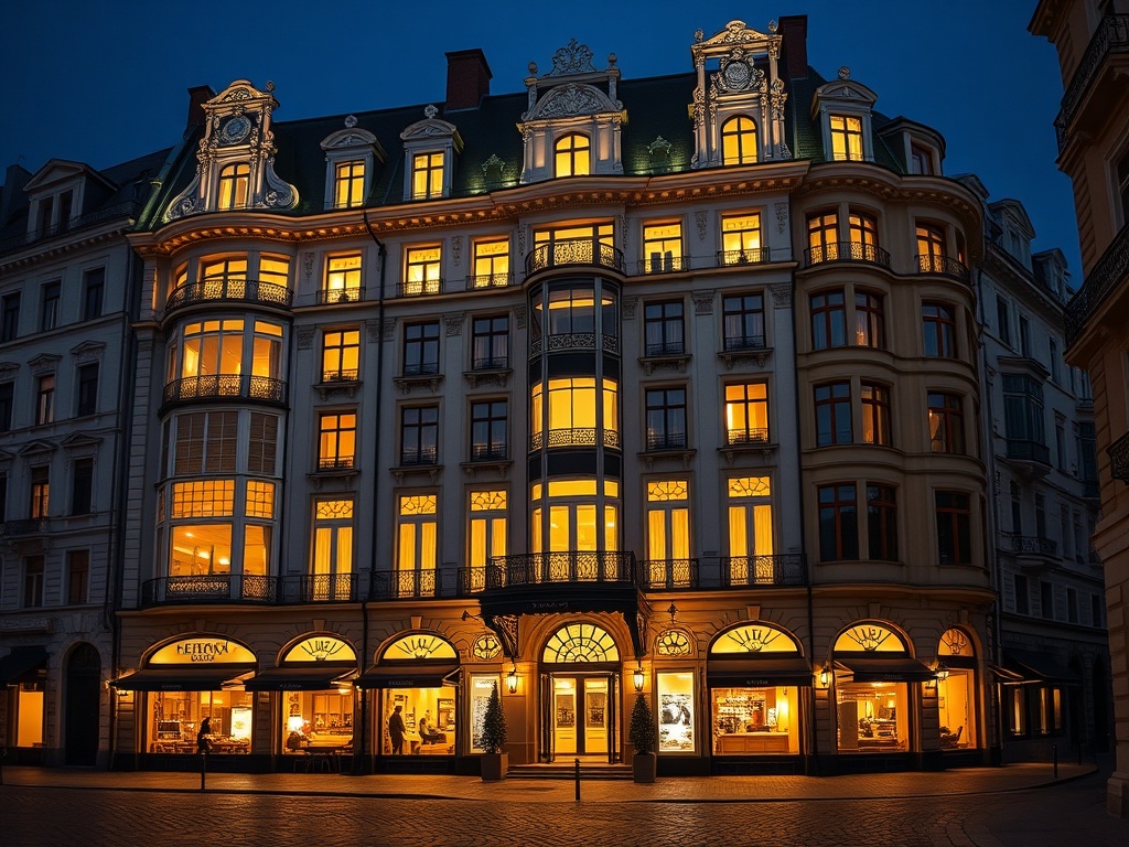 A grand restored European casino hotel at night, heritage facade blending modern glass; warm suite-lit windows, cobblestone old town glow, subtle card-table ambiance.