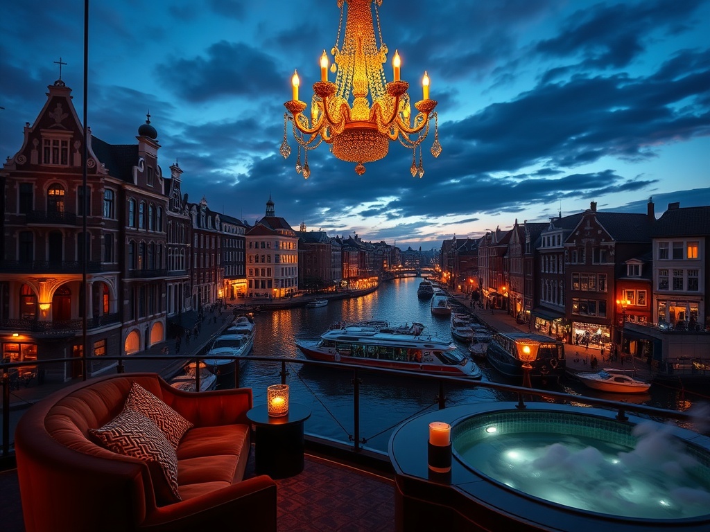 "Opulent Amsterdam canal-view luxury suite at dusk, warm chandelier glow, velvet seating, elegant casino floor glimpsed, rooftop lounge lights, tranquil mint-citrus spa steam, nightlife energy beyond." "VIP ambiance, cinematic lighting, high detail, no lo