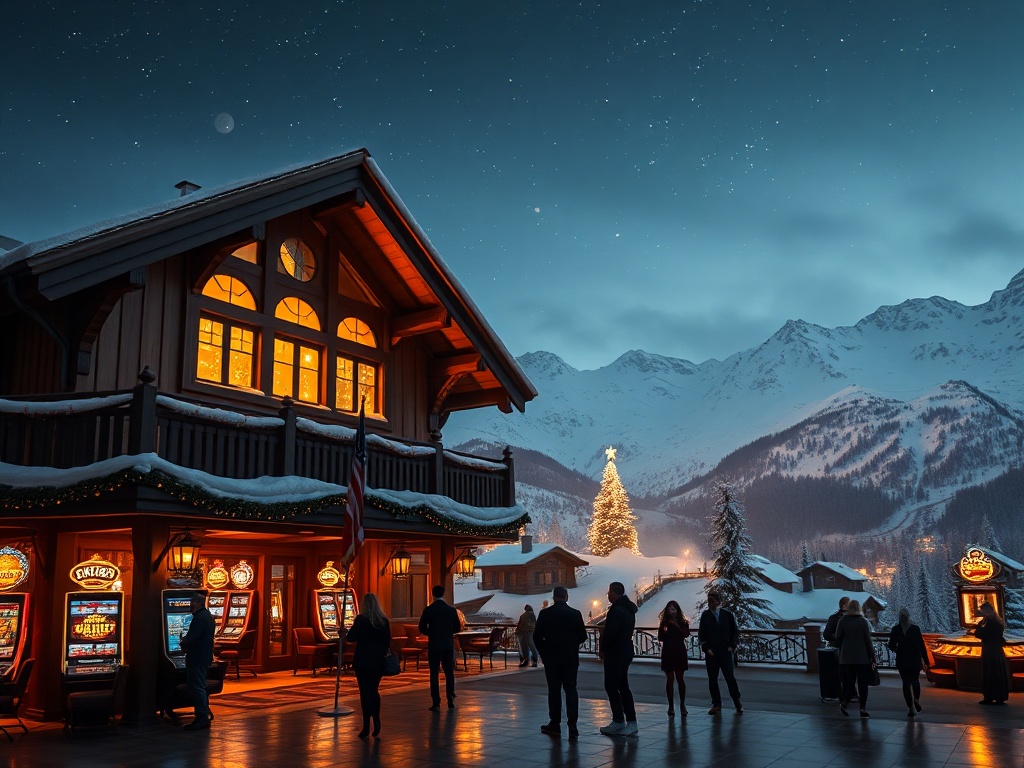"Chic alpine casino-hotel header scene