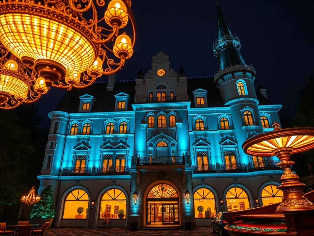 "Elegant illuminated Czechia castle hotel façade at night" "luxury casino lounge glow" "opulent chandeliers" "golden roulette wheel lighting"