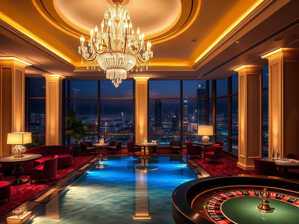 "glowing chandelier lobby" "velvet lounge" "thermal steam spa pool" "roulette table lights" "rooftop city skyline at night" "elegant concierge vibe" "cinematic lighting". You MUST not include ANY brand images or logos. You may ONLY reply with the format g