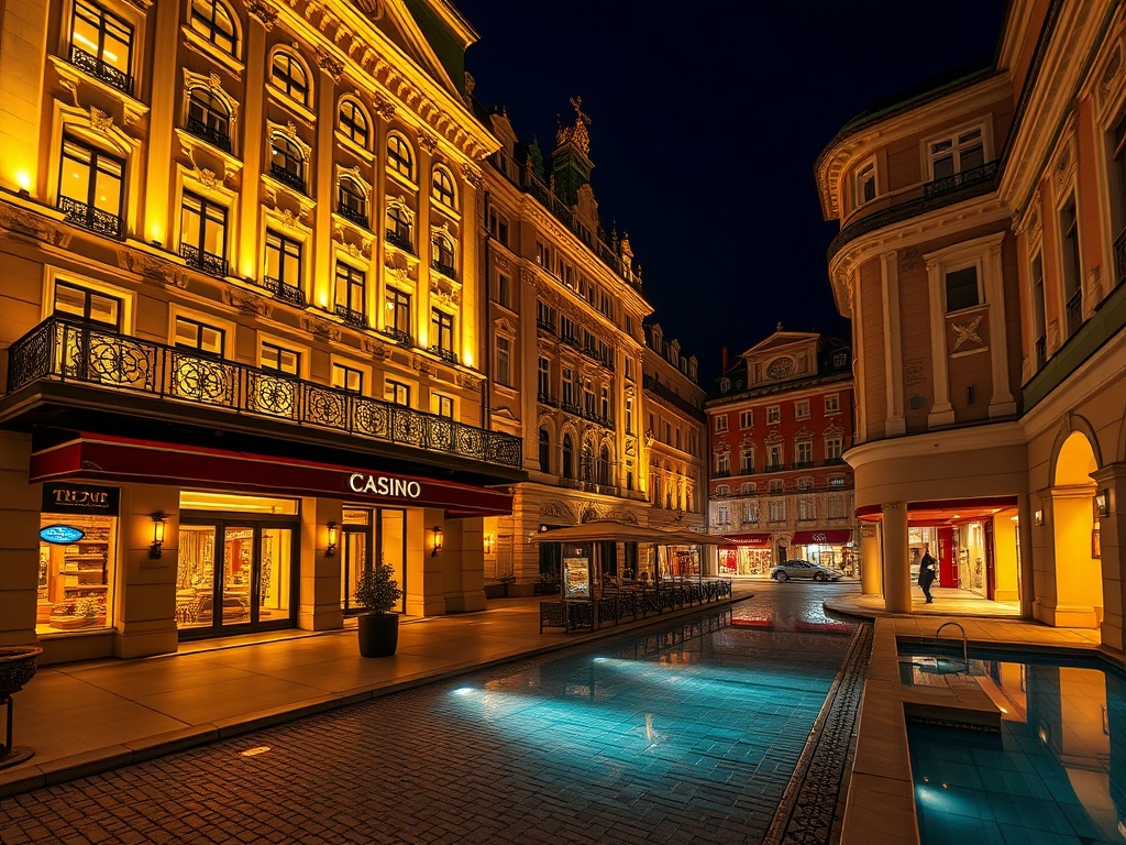 “Elegant restored casino hotel facade in Warsaw at night”, “glowing gaming floor lights inside”, “luxury suite balcony view over cobblestone streets”, “chic spa ambience, indoor pool reflections”, “warm premium atmosphere”