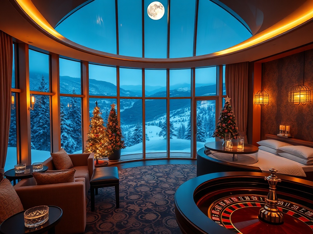 Moonlit casino hotel lounge, panoramic snowy windows, elegant Nordic suites, warm spa glow, private sauna steam, roulette-lit atmosphere