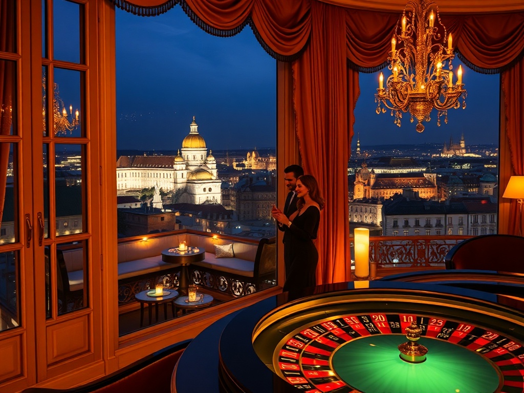 "Opulent Bohemian suite window over Prague lights, elegant couple smiling, nearby glowing casino roulette table, serene spa pool reflections, warm candlelit dining ambiance."