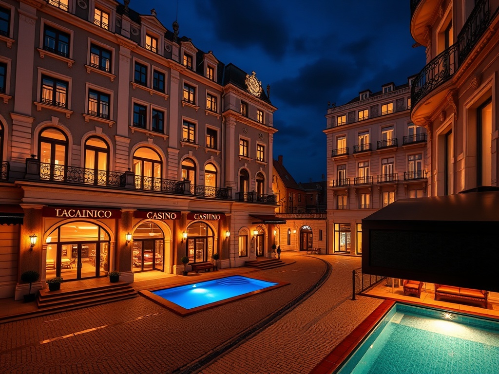 “Elegant restored casino hotel facade in Warsaw at night”, “glowing gaming floor lights inside”, “luxury suite balcony view over cobblestone streets”, “chic spa ambience, indoor pool reflections”, “warm premium atmosphere”