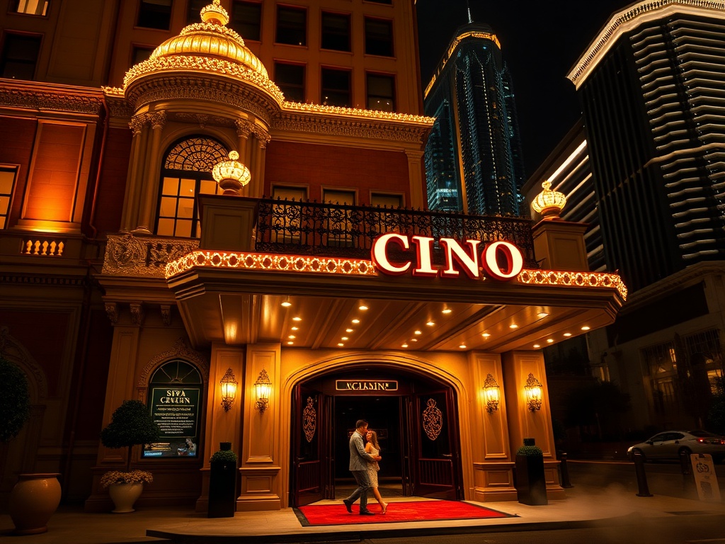 Elegant historic casino hotel facade at night, warm golden lights, modern skyline glow behind, couple arriving, velvet doors, spa mist nearby.