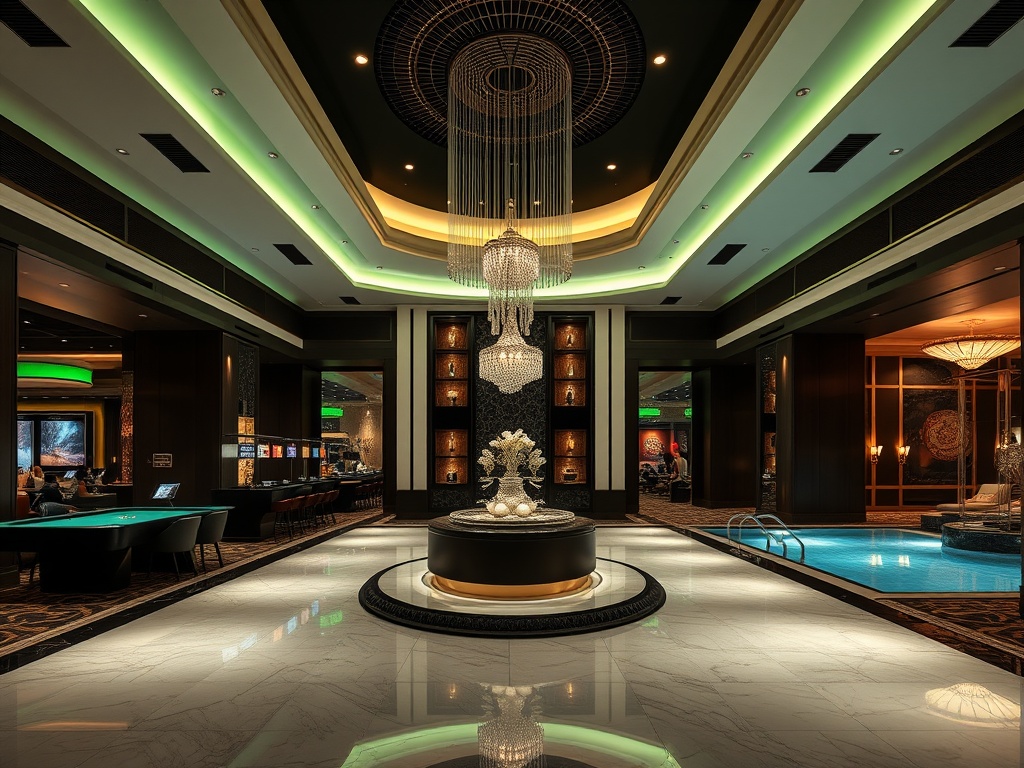 "matte black" "pearl white" lobby splitting into "emerald" lit casino lounge, "bronze" dining gallery, spa thermal pool, evening stage lights, luxurious ambience. "You MUST not include ANY brand images or logos. You may ONLY reply with the format given. I