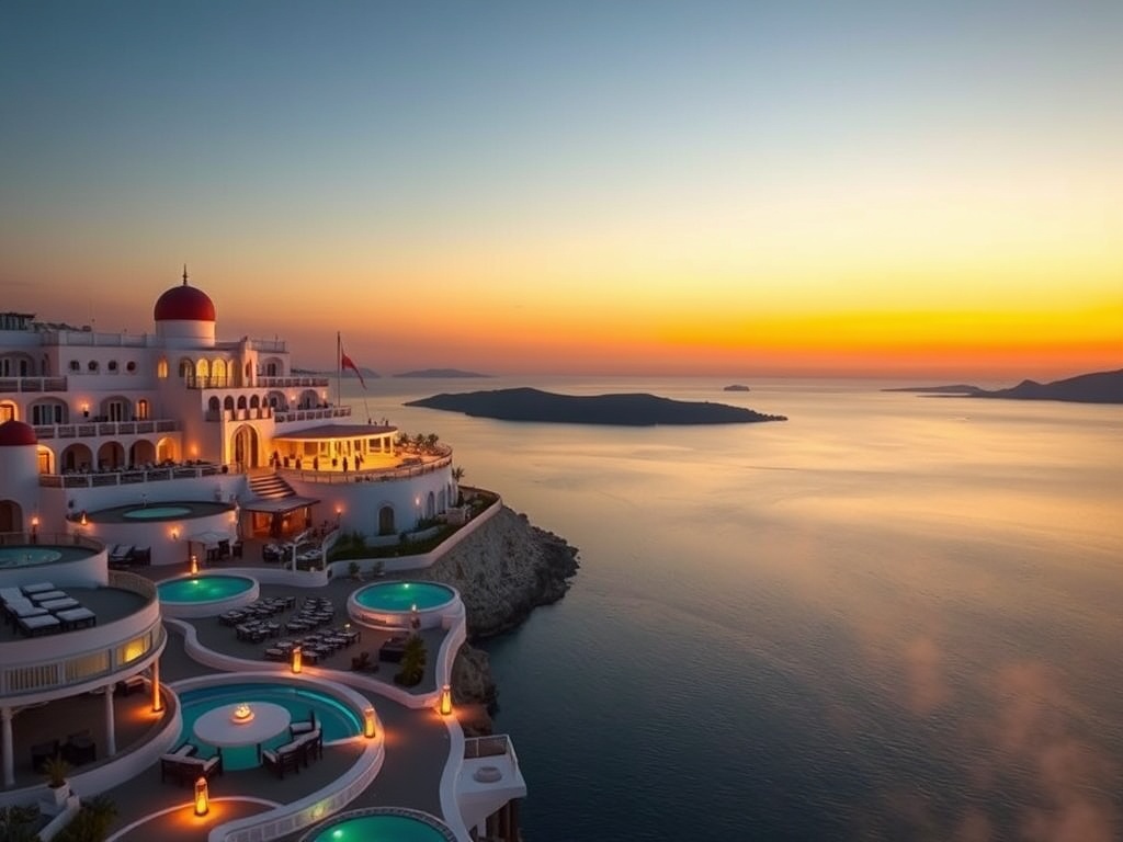 “Aegean sunset over a luxury Greek island casino hotel; elegant Mediterranean suites with soft coastal tones; glowing gaming lounge silhouettes; sea-view spa steam.”