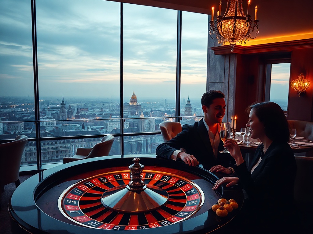 Luxurious casino-hotel interior with panoramic Warsaw skyline; roulette wheel and poker chips glow; adjacent misty spa steam; candlelit Polish feast; romantic couple silhouette.