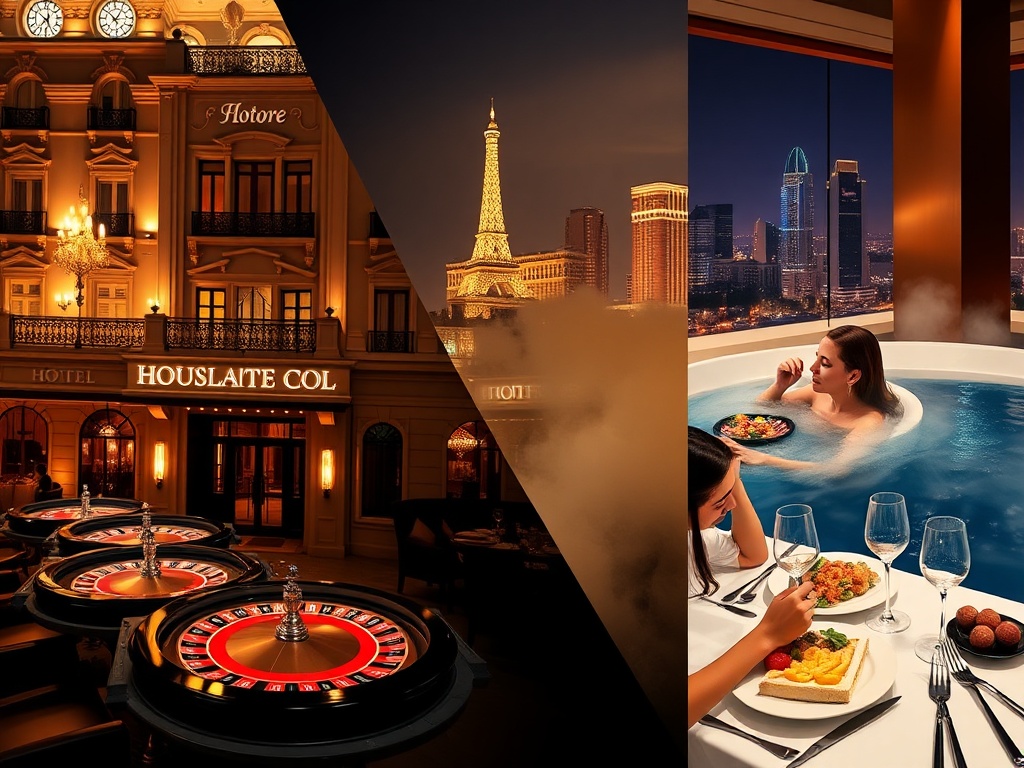 A split-scene collage showing elegant historic hotel facade, glowing casino tables with roulette lights, a couple in spa steam, luxury dining plates, night skyline reflections.