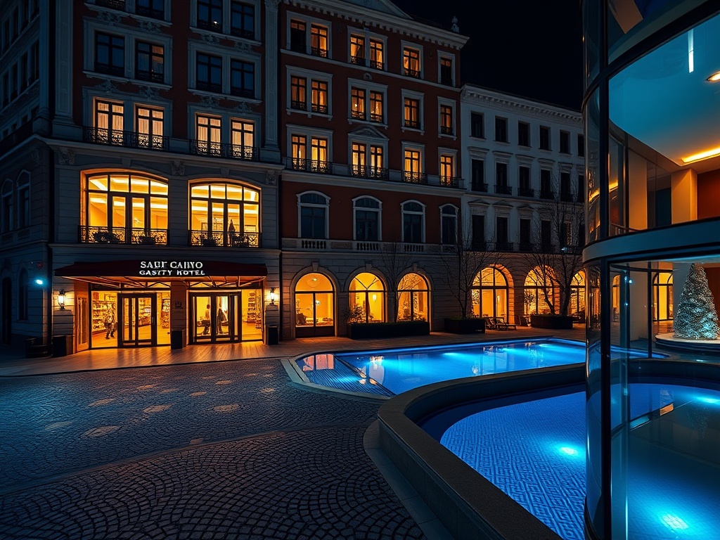 “Elegant restored casino hotel facade in Warsaw at night”, “glowing gaming floor lights inside”, “luxury suite balcony view over cobblestone streets”, “chic spa ambience, indoor pool reflections”, “warm premium atmosphere”