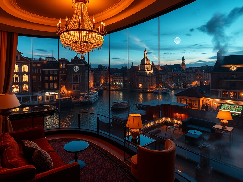 "Opulent Amsterdam canal-view luxury suite at dusk, warm chandelier glow, velvet seating, elegant casino floor glimpsed, rooftop lounge lights, tranquil mint-citrus spa steam, nightlife energy beyond." "VIP ambiance, cinematic lighting, high detail, no lo