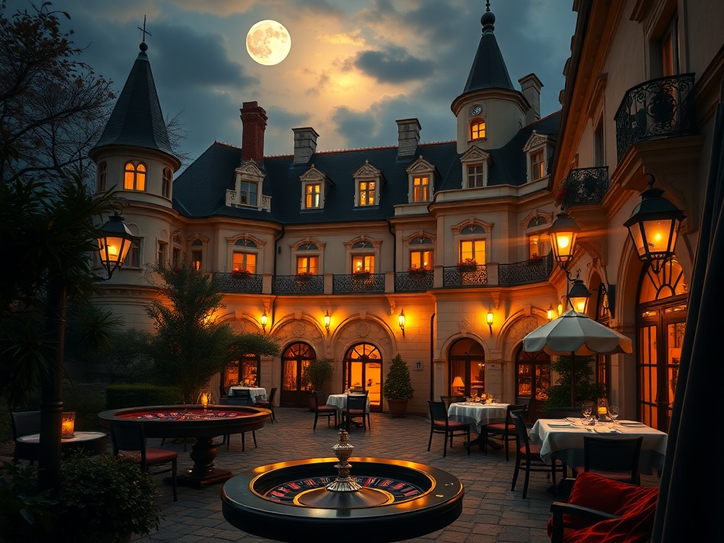 “moonlit Czech castle hotel courtyard” “golden casino lantern glow” “elegant suites balcony” “roulette table silhouette” “fine dining candlelit terrace” “spa steam sanctuary” “bohemian music mood” “velvet robes” “no logos