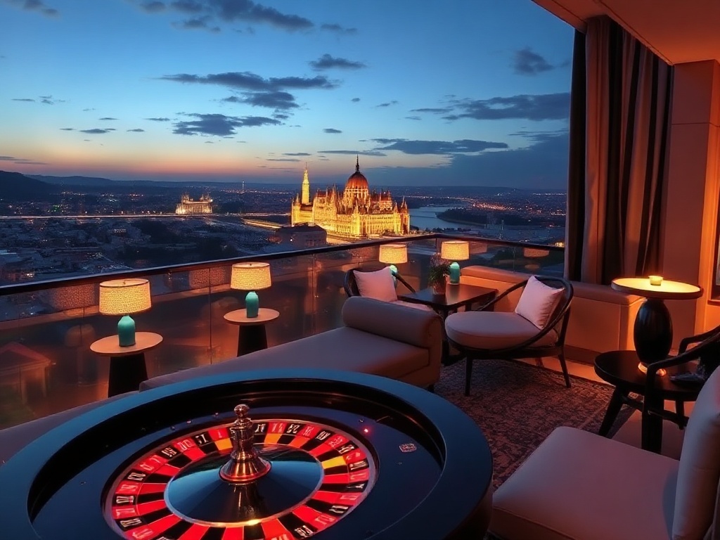 "luxury Hungarian casino hotel scene" "elegant suite at dusk with panoramic city lights" "glittering roulette table glow" "thermal spa steam and loungers" "rooftop lounge cocktails" "chic nightlife silhouettes" "warm gold lighting" "no logos"