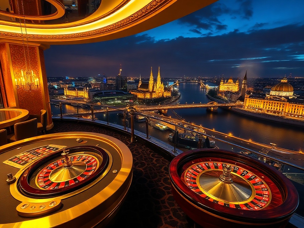 A luxurious Warsaw casino hotel scene, elegant golden gaming tables with roulette and poker lights, panoramic skyline and river at night, nearby spa steam glow, cocktail lounge dining elegance.