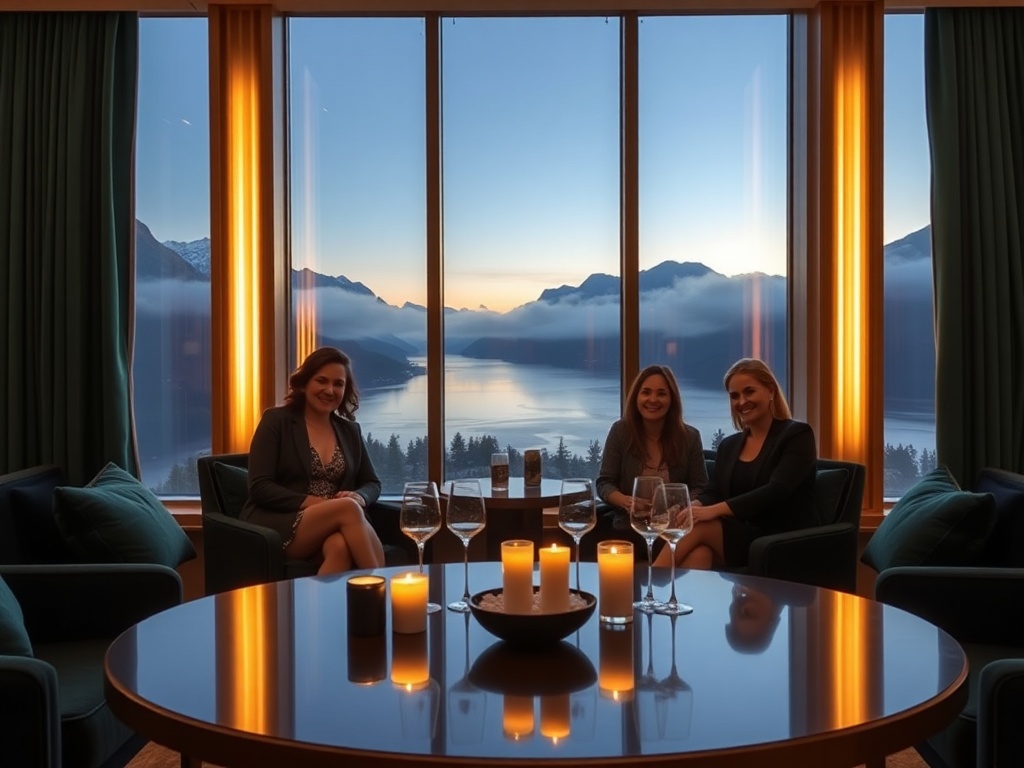 "luxury fjordside hotel lounge at dusk, deep navy and pine green interiors, brushed gold lighting, panoramic window with misty fjord and mountains, four elegant guests smiling"