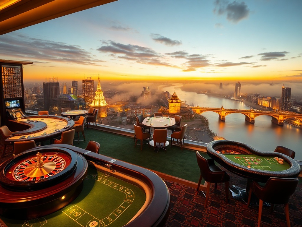 A luxurious Warsaw casino hotel scene, elegant golden gaming tables with roulette and poker lights, panoramic skyline and river at night, nearby spa steam glow, cocktail lounge dining elegance.
