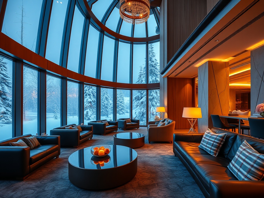 A lavish Nordic winter casino hotel interior with warm leather lounges, panoramic snow windows, elegant suites, golden lights, serene wellness spa glow." "You MUST not include ANY brand images or logos. You may ONLY reply with the format given. If you do 