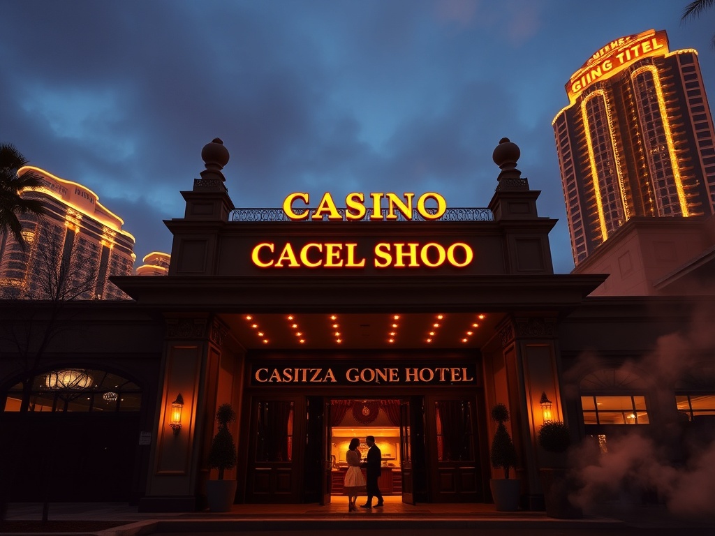 Elegant historic casino hotel facade at night, warm golden lights, modern skyline glow behind, couple arriving, velvet doors, spa mist nearby.