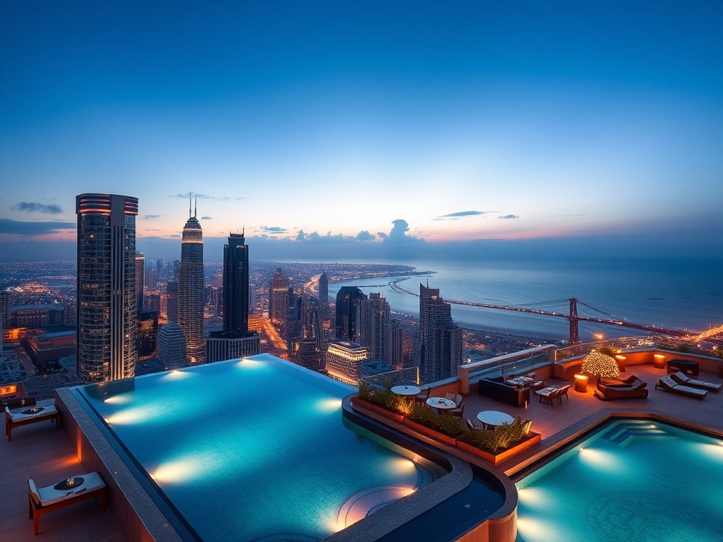 "modern luxury skyline suites with ocean views" "VIP casino lounge lights" "rooftop infinity pool" "spa steam" "gourmet dining" "cocktail bar nightlife" "golden beachfront".