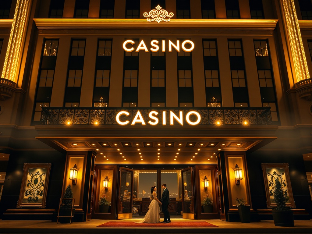 Elegant historic casino hotel facade at night, warm golden lights, modern skyline glow behind, couple arriving, velvet doors, spa mist nearby.