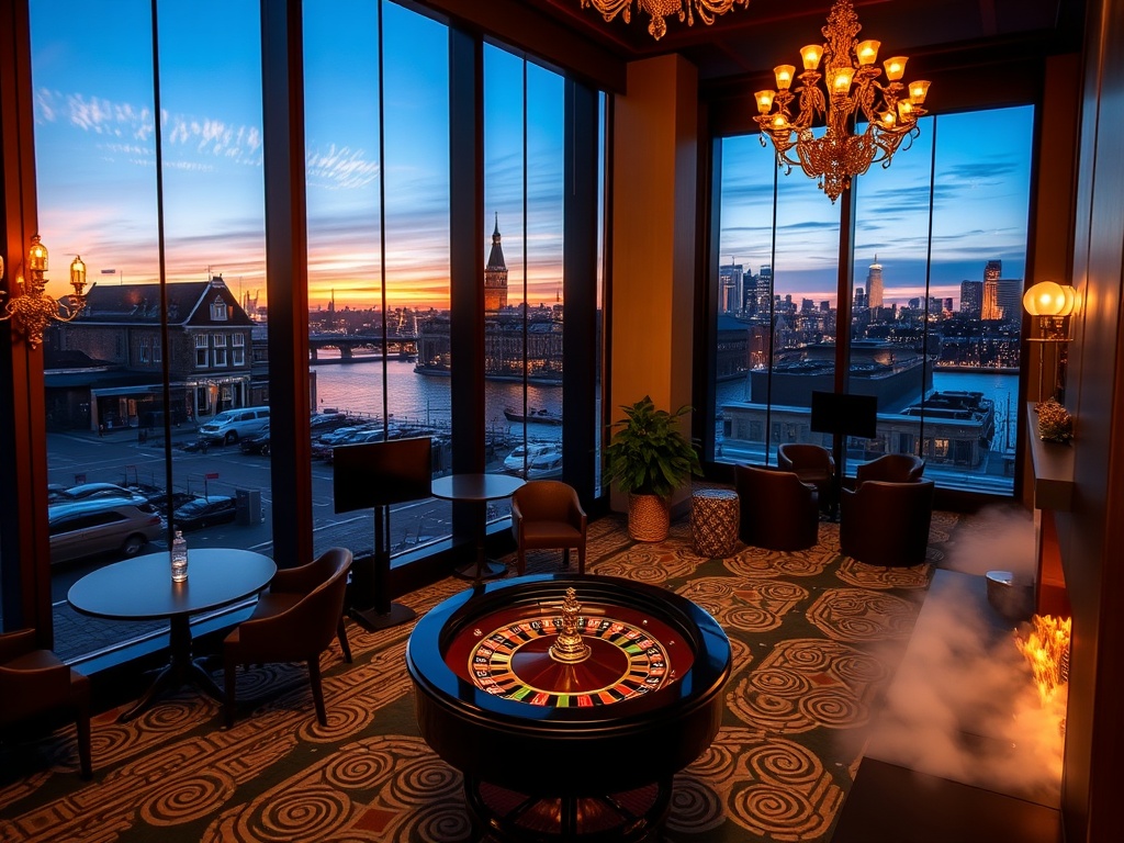 "luxury casino hotel lobby" "Amsterdam canal-view windows" "golden chandeliers" "elegant roulette table" "warm fireplace lounge" "rooftop skyline at dusk" "spa steam glow"