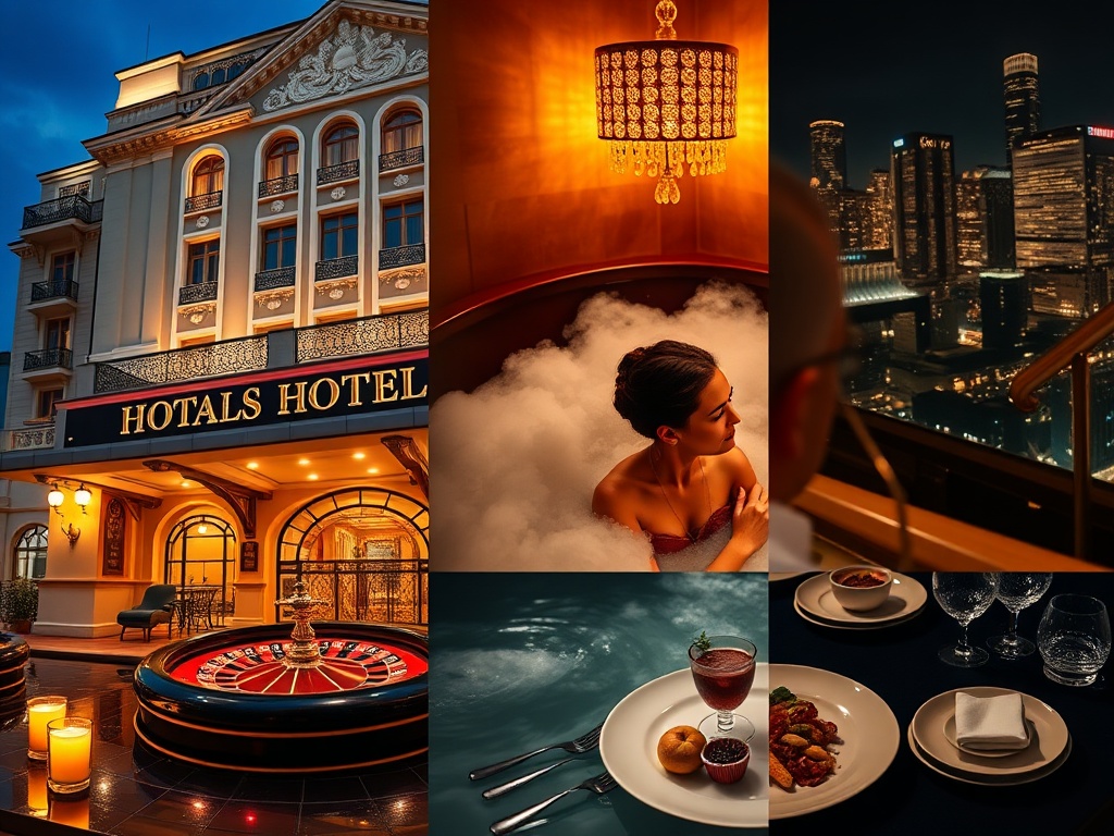 A split-scene collage showing elegant historic hotel facade, glowing casino tables with roulette lights, a couple in spa steam, luxury dining plates, night skyline reflections.