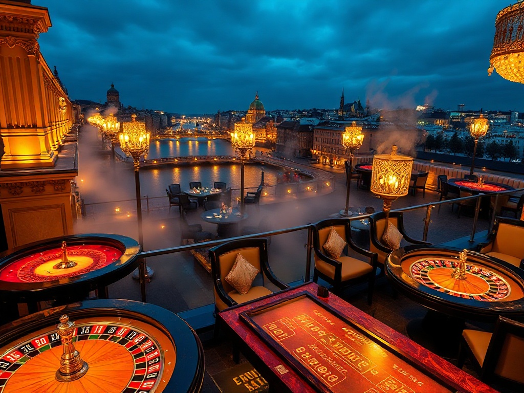 A luxurious Warsaw casino hotel scene, elegant golden gaming tables with roulette and poker lights, panoramic skyline and river at night, nearby spa steam glow, cocktail lounge dining elegance.
