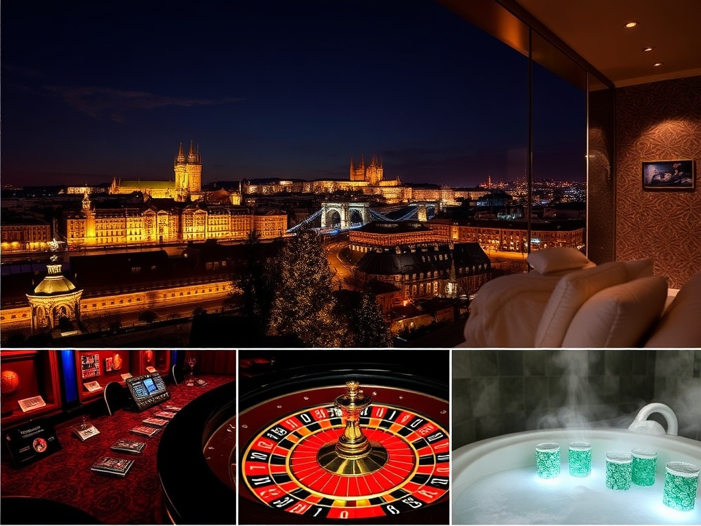 "luxury Prague hotel at night" overlooking "Vltava River and skyline", "glamorous casino floor with roulette lights", and "restorative spa steam ambiance" .