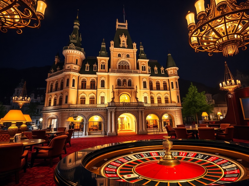 A grand Bohemian castle hotel at night, opulent Prague-inspired suites, elegant roulette and cards in softly lit casino lounge, warm glow, luxury atmosphere.