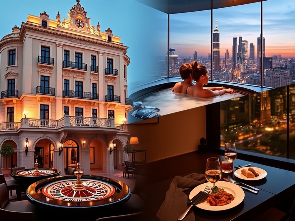A split-scene collage showing elegant historic hotel facade, glowing casino tables with roulette lights, a couple in spa steam, luxury dining plates, night skyline reflections.