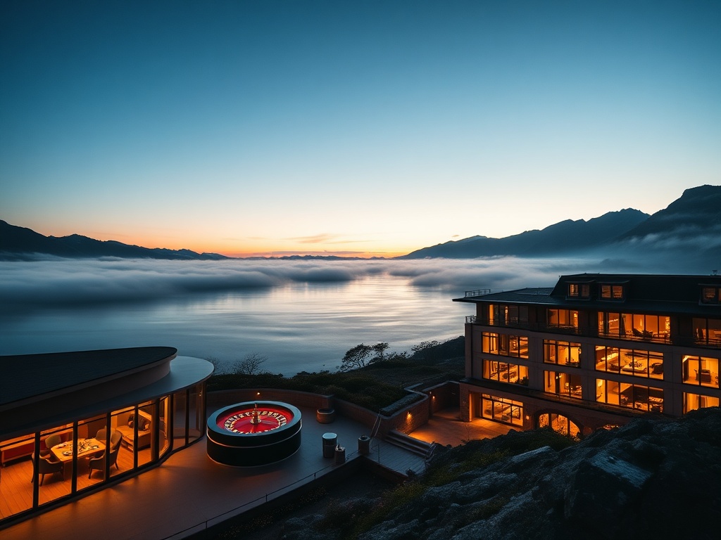 A luxury Norway casino hotel façade overlooking a misty fjord at dusk, Nordic elegant interiors, glowing roulette-style lights, panoramic suite windows, serene mountains.