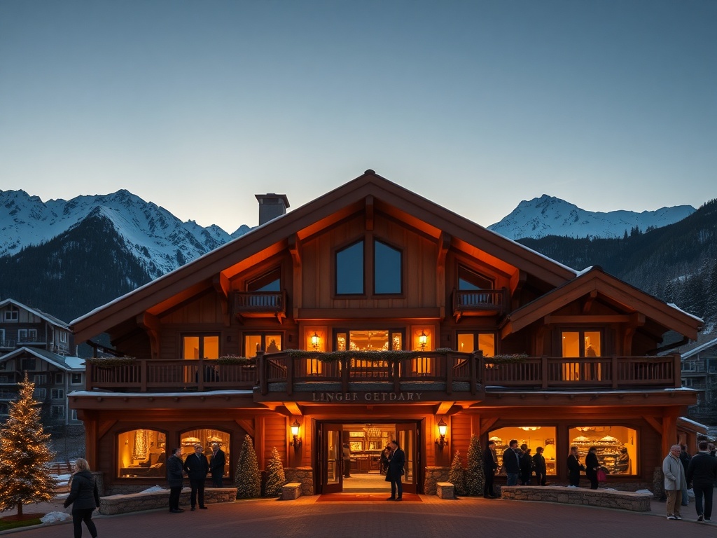 "A luxury chalet-style mountain hotel entrance at dusk, warm lights, panoramic snowy peaks, elegant casino lounge glow, diverse guests, global travel atmosphere."