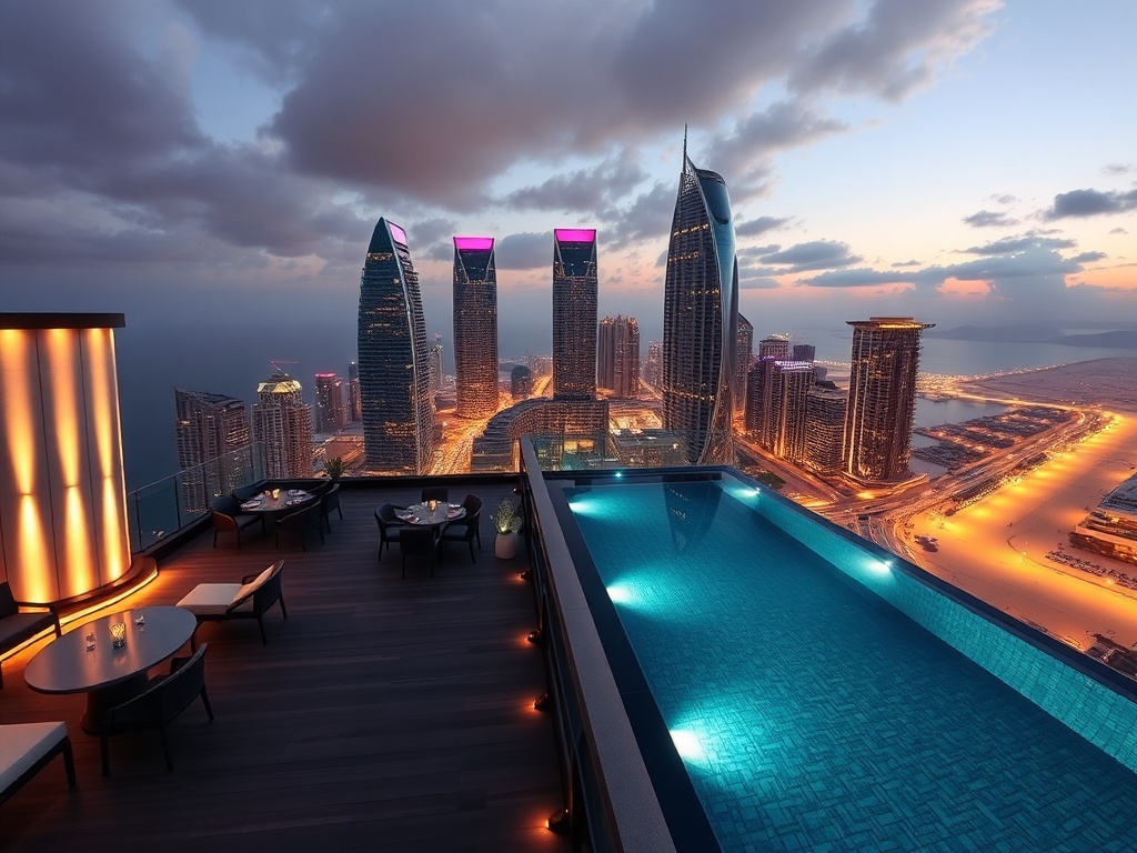 "modern luxury skyline suites with ocean views" "VIP casino lounge lights" "rooftop infinity pool" "spa steam" "gourmet dining" "cocktail bar nightlife" "golden beachfront".