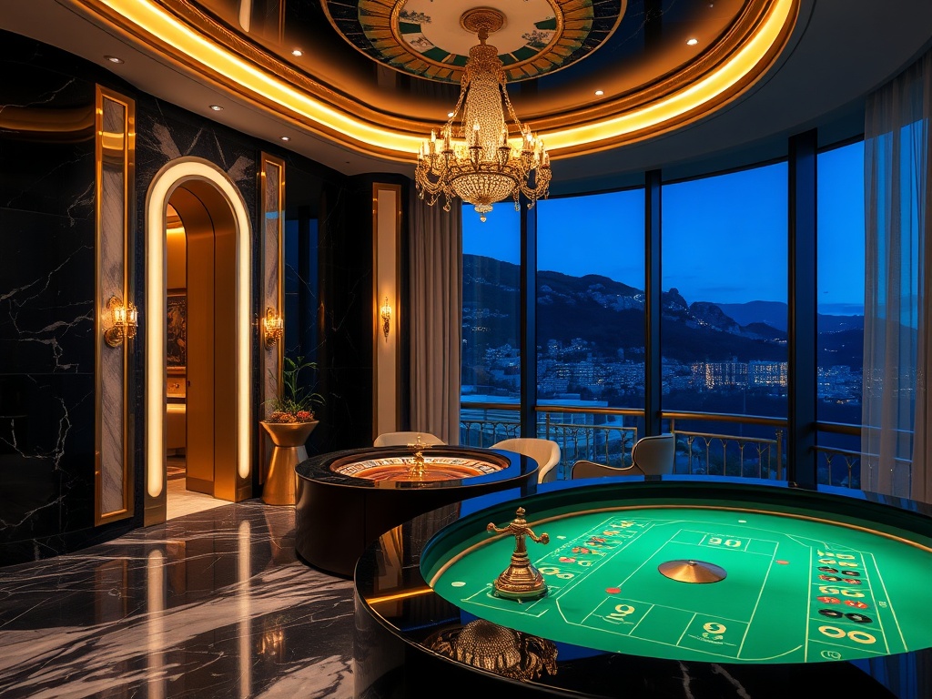 “luxury Austrian casino hotel header scene” with matte black marble, pearl-white glow, bronze accents, emerald light beams, designer suite balcony, elegant roulette table, ambient nightlife, spa warmth.