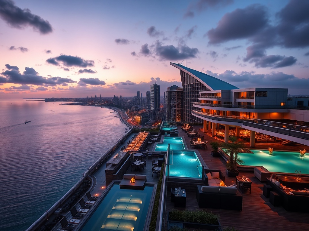 Australian coastal luxury hotel at dusk, panoramic skyline suites, oceanfront terrace, rooftop infinity pool, elegant VIP gaming lounge glow, gourmet dining, spa silhouette, sleek cocktails.